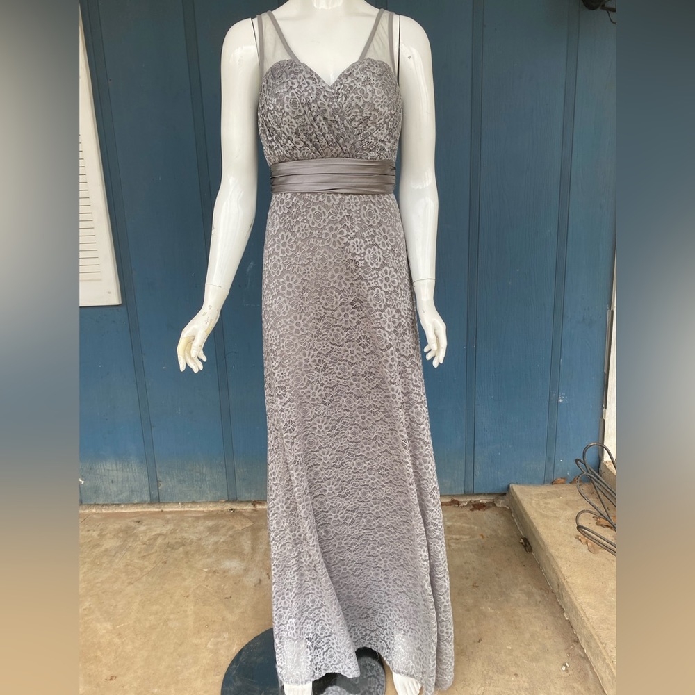 Grey floor length lace up prom gown
